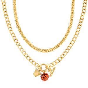 Gold Layered Necklace with Orange Austrian Crystals And Enameled Basketball